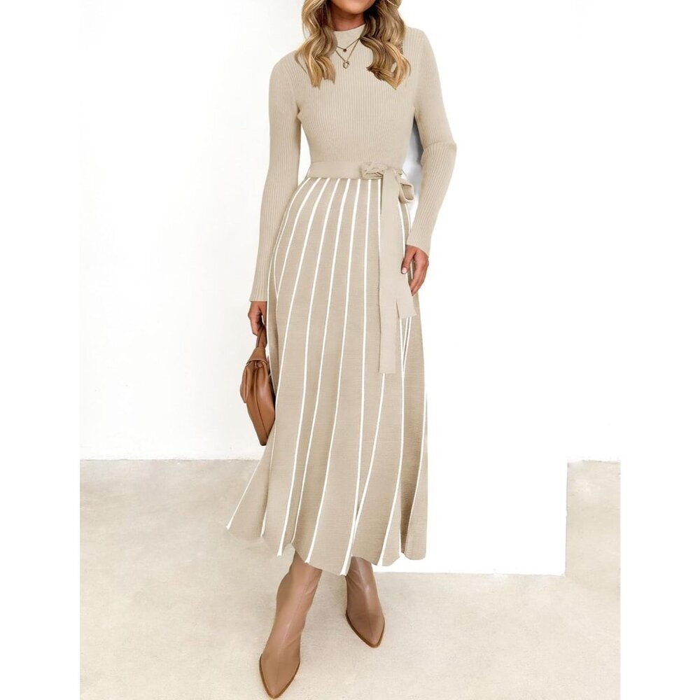Women's Apricot Tie Waist Casual Loose Ribbed Knit Long Sleeve Sweater Midi Dres - Picture 2 of 6